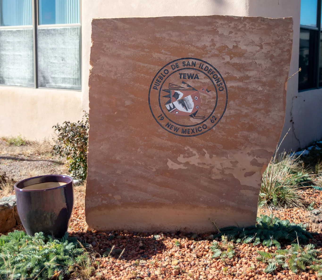 "Pueblo De San Ildefonso=New Mexico 1962" boulder school Sign. 