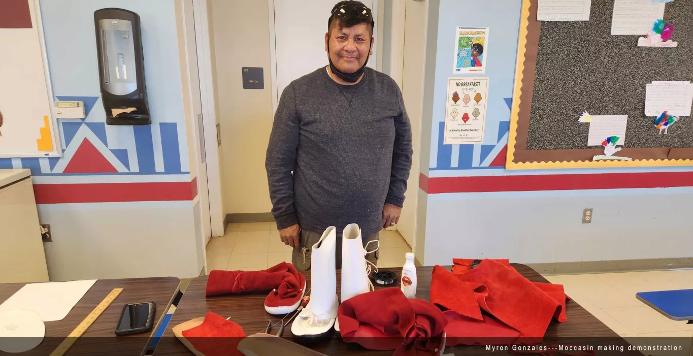 Myron Gonzales, moccasin making demonstration