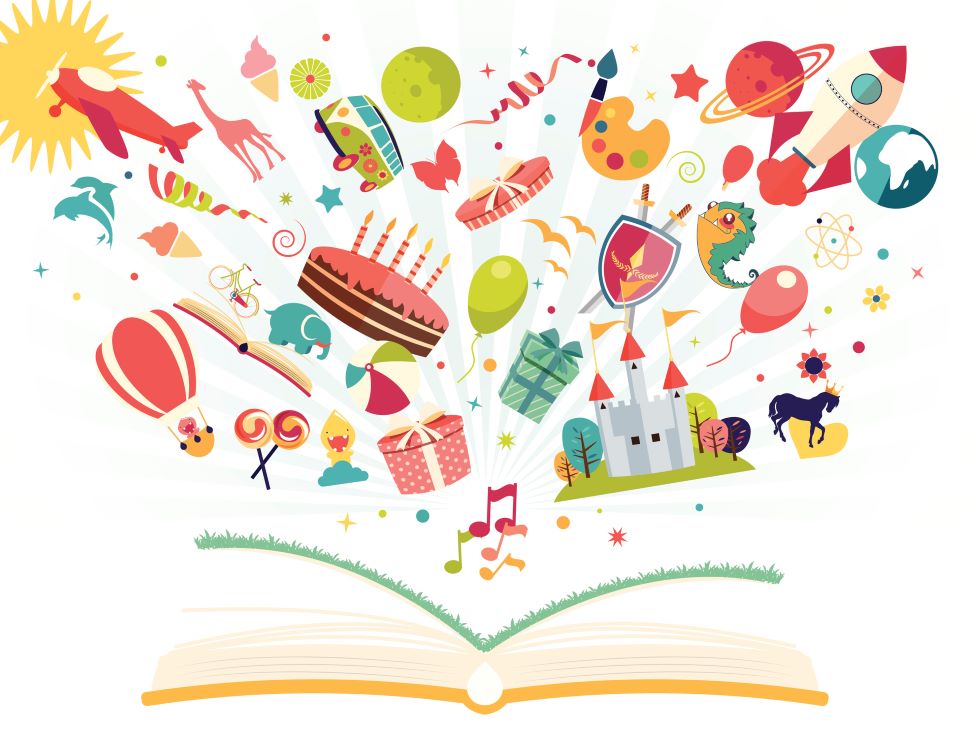 book with open pages and various icons